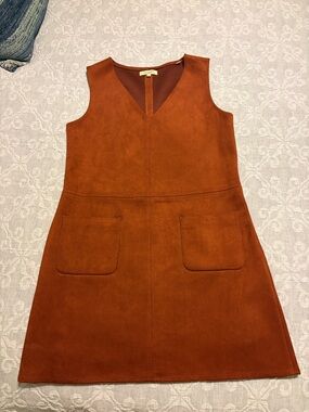 Suede V-Neck Pocket A-Line Dress in Rust